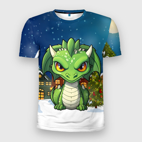 Мужская футболка 3D Slim с принтом Зеленый дракон на фоне города в Кировске, 100% полиэстер с улучшенными характеристиками | приталенный силуэт, круглая горловина, широкие плечи, сужается к линии бедра | Тематика изображения на принте: 