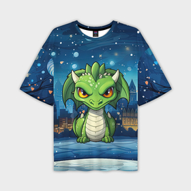 Мужская футболка oversize 3D с принтом Дракон зеленый темная ночь в Тюмени,  |  | Тематика изображения на принте: 