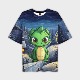 Мужская футболка oversize 3D с принтом Зеленый дракон новогодний город в Кировске,  |  | Тематика изображения на принте: 