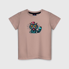 Детская футболка хлопок с принтом Синий Чеширский кот в розовой шляпе в Екатеринбурге, 100% хлопок | круглый вырез горловины, полуприлегающий силуэт, длина до линии бедер | Тематика изображения на принте: 