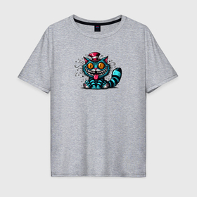 Мужская футболка хлопок Oversize с принтом Синий Чеширский кот в розовой шляпе в Кировске, 100% хлопок | свободный крой, круглый ворот, “спинка” длиннее передней части | 