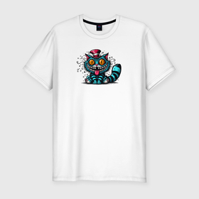 Мужская футболка хлопок Slim с принтом Синий Чеширский кот в розовой шляпе , 92% хлопок, 8% лайкра | приталенный силуэт, круглый вырез ворота, длина до линии бедра, короткий рукав | Тематика изображения на принте: 