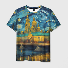 Мужская футболка 3D с принтом Пейзаж в стиле Ван Гога   нейросеть в Петрозаводске, 100% полиэфир | прямой крой, круглый вырез горловины, длина до линии бедер | 