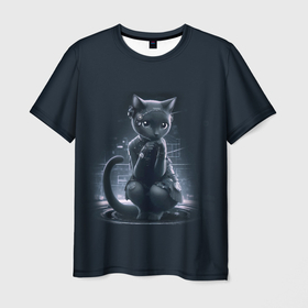 Мужская футболка 3D с принтом Sweet cat   cyberpunk , 100% полиэфир | прямой крой, круглый вырез горловины, длина до линии бедер | 