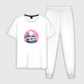Мужская пижама хлопок с принтом Японский ретро автомобиль на фоне луны , 100% хлопок | брюки и футболка прямого кроя, без карманов, на брюках мягкая резинка на поясе и по низу штанин
 | 