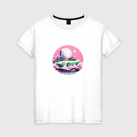Женская футболка хлопок с принтом Японский ретро автомобиль на фоне луны в Петрозаводске, 100% хлопок | прямой крой, круглый вырез горловины, длина до линии бедер, слегка спущенное плечо | 