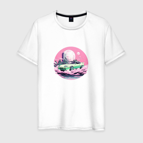 Мужская футболка хлопок с принтом Японский ретро автомобиль на фоне луны , 100% хлопок | прямой крой, круглый вырез горловины, длина до линии бедер, слегка спущенное плечо. | 
