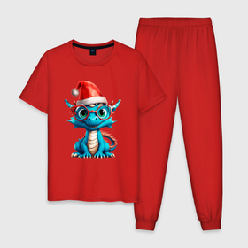Мужская пижама хлопок с принтом Дракончик в рождественской шапке , 100% хлопок | брюки и футболка прямого кроя, без карманов, на брюках мягкая резинка на поясе и по низу штанин
 | Тематика изображения на принте: 