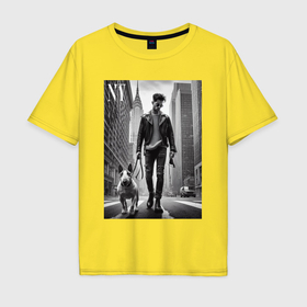 Мужская футболка хлопок Oversize с принтом Чувак с бультерьером   Нью Йорк в Кировске, 100% хлопок | свободный крой, круглый ворот, “спинка” длиннее передней части | Тематика изображения на принте: 