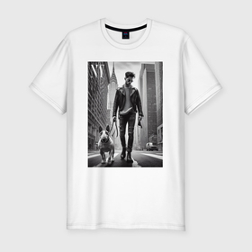Мужская футболка хлопок Slim с принтом Чувак с бультерьером   Нью Йорк в Тюмени, 92% хлопок, 8% лайкра | приталенный силуэт, круглый вырез ворота, длина до линии бедра, короткий рукав | 