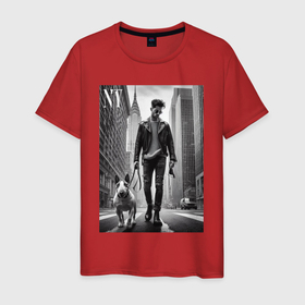 Мужская футболка хлопок с принтом Чувак с бультерьером   Нью Йорк в Белгороде, 100% хлопок | прямой крой, круглый вырез горловины, длина до линии бедер, слегка спущенное плечо. | 