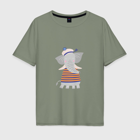Мужская футболка хлопок Oversize с принтом Слоник моряк в Тюмени, 100% хлопок | свободный крой, круглый ворот, “спинка” длиннее передней части | Тематика изображения на принте: 
