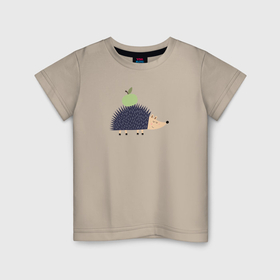 Детская футболка хлопок с принтом Ёжик с зеленым яблоком в Новосибирске, 100% хлопок | круглый вырез горловины, полуприлегающий силуэт, длина до линии бедер | Тематика изображения на принте: 