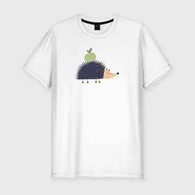 Мужская футболка хлопок Slim с принтом Ёжик с зеленым яблоком в Санкт-Петербурге, 92% хлопок, 8% лайкра | приталенный силуэт, круглый вырез ворота, длина до линии бедра, короткий рукав | Тематика изображения на принте: 