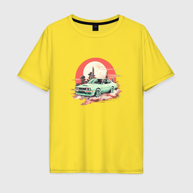 Мужская футболка хлопок Oversize с принтом Старое авто на оранжевом небесном фоне , 100% хлопок | свободный крой, круглый ворот, “спинка” длиннее передней части | 