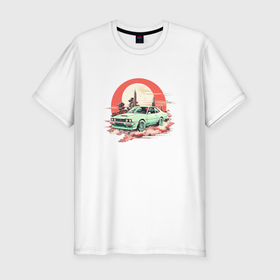 Мужская футболка хлопок Slim с принтом Старое авто на оранжевом небесном фоне в Тюмени, 92% хлопок, 8% лайкра | приталенный силуэт, круглый вырез ворота, длина до линии бедра, короткий рукав | 