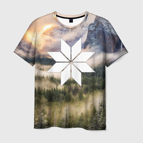 Мужская футболка 3D с принтом Алатырь на фоне природного пейзажа , 100% полиэфир | прямой крой, круглый вырез горловины, длина до линии бедер | 