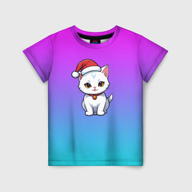 Детская футболка 3D с принтом Новогодний кот в шапке , 100% гипоаллергенный полиэфир | прямой крой, круглый вырез горловины, длина до линии бедер, чуть спущенное плечо, ткань немного тянется | 