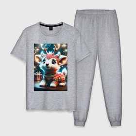 Мужская пижама хлопок с принтом оленёнок в свитере , 100% хлопок | брюки и футболка прямого кроя, без карманов, на брюках мягкая резинка на поясе и по низу штанин
 | 