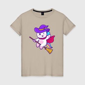 Женская футболка хлопок с принтом Единорог на метле в Тюмени, 100% хлопок | прямой крой, круглый вырез горловины, длина до линии бедер, слегка спущенное плечо | 