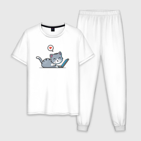 Мужская пижама хлопок с принтом Котик с ноутбуком , 100% хлопок | брюки и футболка прямого кроя, без карманов, на брюках мягкая резинка на поясе и по низу штанин
 | 