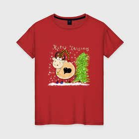 Женская футболка хлопок с принтом Веселая корова Marry Christmas в Екатеринбурге, 100% хлопок | прямой крой, круглый вырез горловины, длина до линии бедер, слегка спущенное плечо | 