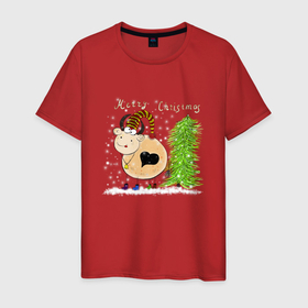 Мужская футболка хлопок с принтом Веселая корова Marry Christmas в Петрозаводске, 100% хлопок | прямой крой, круглый вырез горловины, длина до линии бедер, слегка спущенное плечо. | 