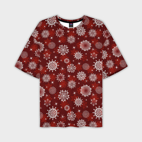 Мужская футболка oversize 3D с принтом Snowflakes on a red background в Кировске,  |  | 
