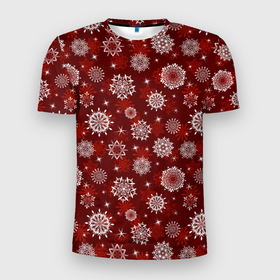 Мужская футболка 3D Slim с принтом Snowflakes on a red background в Тюмени, 100% полиэстер с улучшенными характеристиками | приталенный силуэт, круглая горловина, широкие плечи, сужается к линии бедра | Тематика изображения на принте: 