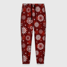 Мужские брюки 3D с принтом Snowflakes on a red background в Тюмени, 100% полиэстер | манжеты по низу, эластичный пояс регулируется шнурком, по бокам два кармана без застежек, внутренняя часть кармана из мелкой сетки | Тематика изображения на принте: 