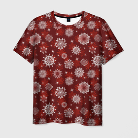 Мужская футболка 3D с принтом Snowflakes on a red background в Курске, 100% полиэфир | прямой крой, круглый вырез горловины, длина до линии бедер | 