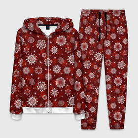 Мужской костюм 3D с принтом Snowflakes on a red background в Курске, 100% полиэстер | Манжеты и пояс оформлены тканевой резинкой, двухслойный капюшон со шнурком для регулировки, карманы спереди | 