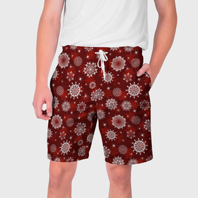 Мужские шорты 3D с принтом Snowflakes on a red background в Тюмени,  полиэстер 100% | прямой крой, два кармана без застежек по бокам. Мягкая трикотажная резинка на поясе, внутри которой широкие завязки. Длина чуть выше колен | Тематика изображения на принте: 