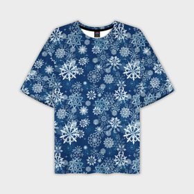 Мужская футболка oversize 3D с принтом Snowflakes on a blue background в Курске,  |  | Тематика изображения на принте: 