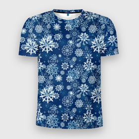 Мужская футболка 3D Slim с принтом Snowflakes on a blue background в Тюмени, 100% полиэстер с улучшенными характеристиками | приталенный силуэт, круглая горловина, широкие плечи, сужается к линии бедра | Тематика изображения на принте: 