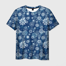 Мужская футболка 3D с принтом Snowflakes on a blue background в Тюмени, 100% полиэфир | прямой крой, круглый вырез горловины, длина до линии бедер | Тематика изображения на принте: 