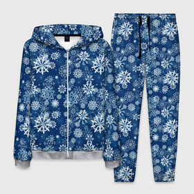 Мужской костюм 3D с принтом Snowflakes on a blue background в Белгороде, 100% полиэстер | Манжеты и пояс оформлены тканевой резинкой, двухслойный капюшон со шнурком для регулировки, карманы спереди | Тематика изображения на принте: 
