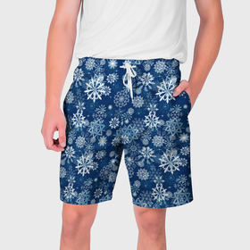 Мужские шорты 3D с принтом Snowflakes on a blue background в Тюмени,  полиэстер 100% | прямой крой, два кармана без застежек по бокам. Мягкая трикотажная резинка на поясе, внутри которой широкие завязки. Длина чуть выше колен | Тематика изображения на принте: 