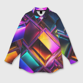 Мужская рубашка oversize 3D с принтом Цветные стеклянные блоки   неоновый геометричный узор в Кировске,  |  | 