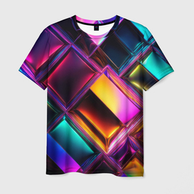 Мужская футболка 3D с принтом Цветные стеклянные блоки   неоновый геометричный узор в Кировске, 100% полиэфир | прямой крой, круглый вырез горловины, длина до линии бедер | Тематика изображения на принте: 