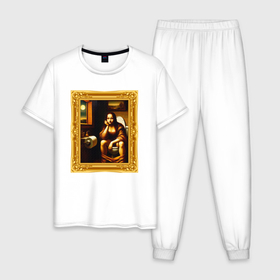 Мужская пижама хлопок с принтом Нейросеть   Мона Лиза в туалете картина прикол в Белгороде, 100% хлопок | брюки и футболка прямого кроя, без карманов, на брюках мягкая резинка на поясе и по низу штанин
 | 