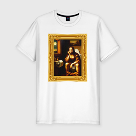 Мужская футболка хлопок Slim с принтом Нейросеть   Мона Лиза в туалете картина прикол в Кировске, 92% хлопок, 8% лайкра | приталенный силуэт, круглый вырез ворота, длина до линии бедра, короткий рукав | 