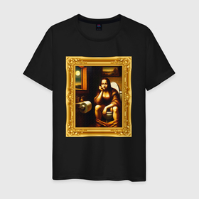 Мужская футболка хлопок с принтом Нейросеть   Мона Лиза в туалете картина прикол в Санкт-Петербурге, 100% хлопок | прямой крой, круглый вырез горловины, длина до линии бедер, слегка спущенное плечо. | 