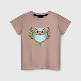 Детская футболка хлопок с принтом Сова  яркая птица на ветке с листьями в Курске, 100% хлопок | круглый вырез горловины, полуприлегающий силуэт, длина до линии бедер | Тематика изображения на принте: 