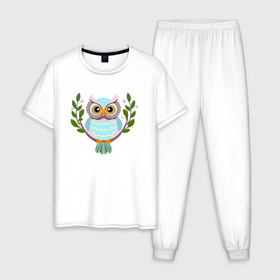 Мужская пижама хлопок с принтом Сова  яркая птица на ветке с листьями в Новосибирске, 100% хлопок | брюки и футболка прямого кроя, без карманов, на брюках мягкая резинка на поясе и по низу штанин
 | 