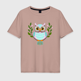 Мужская футболка хлопок Oversize с принтом Сова  яркая птица на ветке с листьями в Новосибирске, 100% хлопок | свободный крой, круглый ворот, “спинка” длиннее передней части | Тематика изображения на принте: 