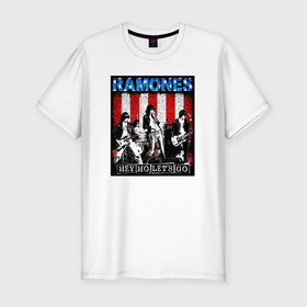 Мужская футболка хлопок Slim с принтом Ramones hey ho lets go в Петрозаводске, 92% хлопок, 8% лайкра | приталенный силуэт, круглый вырез ворота, длина до линии бедра, короткий рукав | 