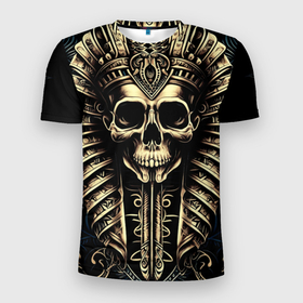 Мужская футболка 3D Slim с принтом Золотой череп Египетского фараона в Санкт-Петербурге, 100% полиэстер с улучшенными характеристиками | приталенный силуэт, круглая горловина, широкие плечи, сужается к линии бедра | Тематика изображения на принте: 