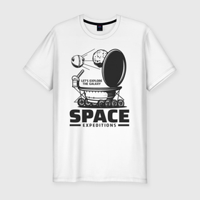 Мужская футболка хлопок Slim с принтом Космическая экспедиция лунохода в Кировске, 92% хлопок, 8% лайкра | приталенный силуэт, круглый вырез ворота, длина до линии бедра, короткий рукав | 