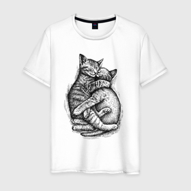 Мужская футболка хлопок с принтом Котики обнимаются в Петрозаводске, 100% хлопок | прямой крой, круглый вырез горловины, длина до линии бедер, слегка спущенное плечо. | 